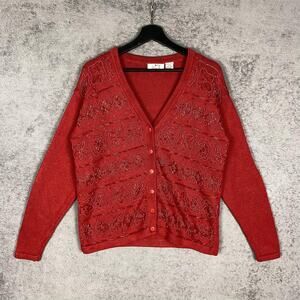 XXIst Cardigan Sweater Womens Small Red Beaded Floral Button Front Knit